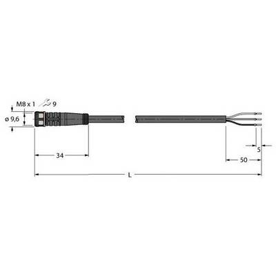 Rysunek techniczny wtyczki M8 z wymiarami: wtyczka 34 mm, średnica kabla 9,6 mm, długość całkowita 'L', końcówki kabla odizolowane.