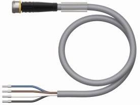 Szary kabel z okrągłym złączem po jednej stronie i odsłoniętymi przewodami w kolorach niebieski, brązowy oraz dwa czarne po drugiej stronie.