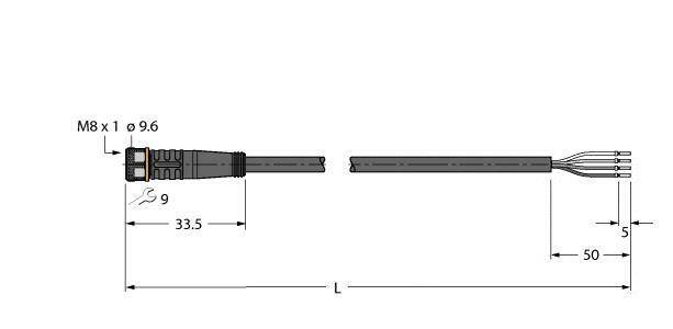 Złącze M8 o wymiarach: średnica zewnętrzna 9,6 mm, długość całkowita 33,5 mm. Średnica kabla 5 mm, długość kabla 50 mm.