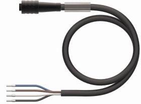 Czarny kabel z okrągłą wtyczką po jednej stronie i trzema odkrytymi końcówkami przewodów w różnych kolorach po drugiej stronie.