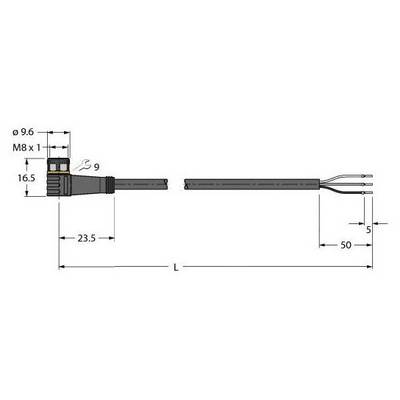 Rysunek techniczny złącza M8 z podanymi wymiarami: długość całkowita (L), długość wtyczki 23,5 mm, odstęp kabla 50 mm, średnica 9,6 mm.