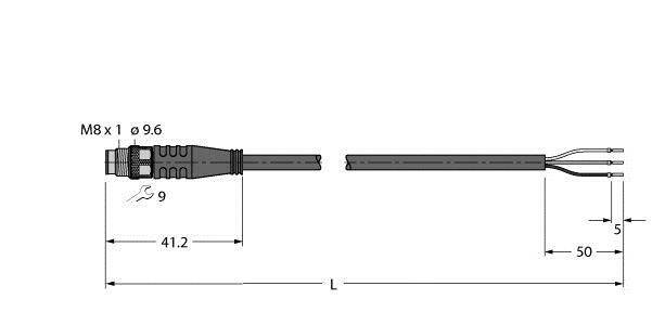 Rysunek techniczny wtyczki M8 z wymiarami: średnica 9,6 mm, długość 41,2 mm, długość przewodu 50 mm, przewody rozdzielone co 5 mm.