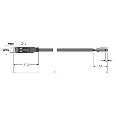 Rysunek techniczny złącza M8 z kablem, długość 41,2 mm, średnica kabla 9,6 mm, oznaczenia długości poszczególnych żył przewodu.