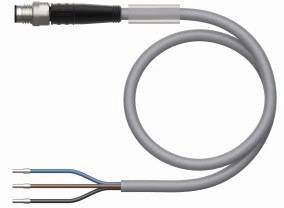 Szary kabel z trzema odkrytymi końcami: niebieskim, brązowym i czarnym. Lewy koniec posiada metalowy wtyk.