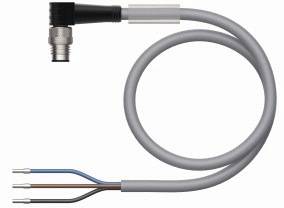 Szary, skręcony kabel z czarną wtyczką kątową po jednej stronie i trzema odkrytymi przewodami po drugiej stronie.