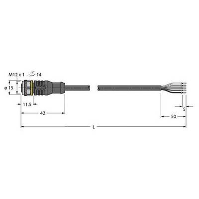 Rysunek złącza M12 z przewodem 4-przewodowym. Wymiary: M12 x 1, całkowita długość 92 mm, średnica przewodu 5 mm.