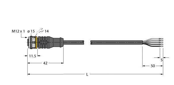 Rysunek techniczny złącza M12 z wymiarami. Długość: 11,5 mm; średnica: 15 mm. Przedstawia podział przewodów na 4 żyły.
