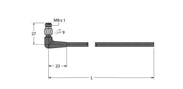 Rysunek techniczny elementu kątowego z zaworkiem z podanymi wymiarami: Śruba przyłączeniowa M8 x 1, długość 23, wysokość 27, średnica 9 mm.