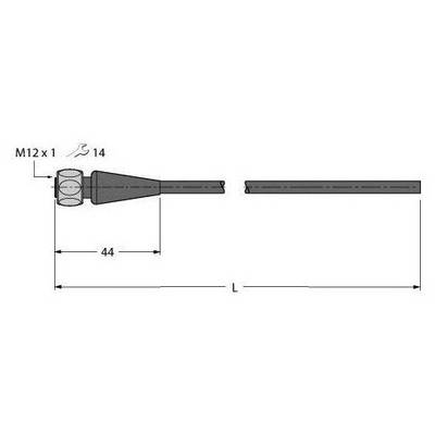 Rysunek techniczny cylindrycznego elementu z gwintem M12x1, o długości 44 mm, oznaczony literą 'L', z zaznaczoną wielkością klucza 14.