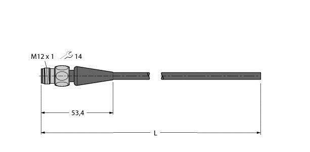 Rysunek techniczny cylindrycznego złącza gwintowanego M12, o całkowitej długości 'L', długości 53,4 mm do połączenia wtykowego, o średnicy 14 mm.