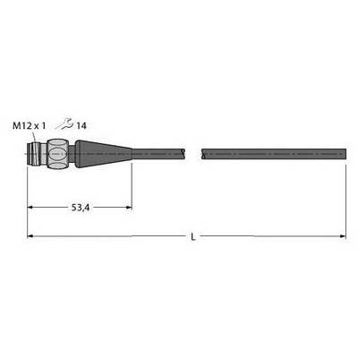 Rysunek techniczny złącza z wymiarami: M12 x 1, długość 53,4 mm, długość przewodu 'L', średnica otworu kablowego ø14 mm.
