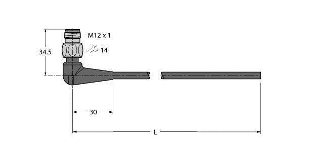 Rysunek techniczny złącza z gwintem M12x1. Wymiary: wysokość 34,5 mm, długość głównej części 30 mm, długość całkowita L.