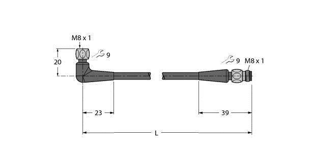 Rysunek techniczny złączki kątowej z gwintem M8, wymiary w milimetrach: długość całkowita (L) 39 mm, szerokość 23 mm, wysokość 20 mm.