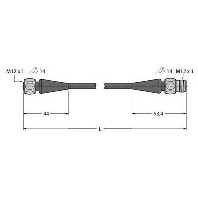 'Rysunek techniczny dwóch widoków złącza M12 x 1. Po lewej: długość 44 mm. Po prawej: długość 53,4 mm.'