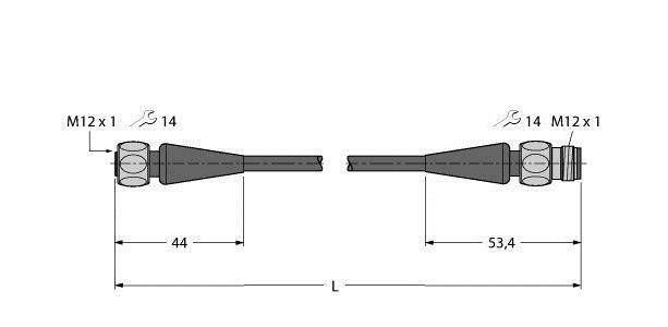 Rysunek techniczny elementu z wymiarami: długość 44 mm i 53,4 mm, gwint M12 x 1 na obu końcach.