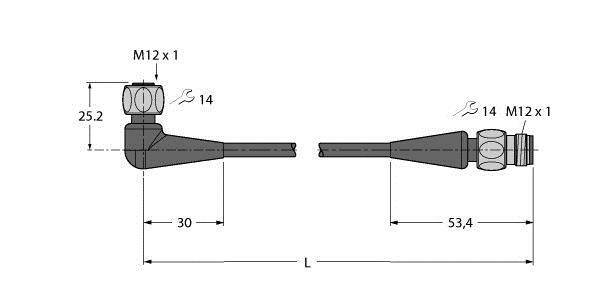 Widok z boku i z przodu rysunku technicznego części mechanicznej z gwintem M12 x 1. Wymiary: wysokość 25,2 mm, długość 53,4 mm.