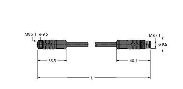Diagram złącza M8 z wymiarami: długość 33,5 mm i 40,1 mm. Gwint M8x1. Uwaga: całkowita długość 'L'.