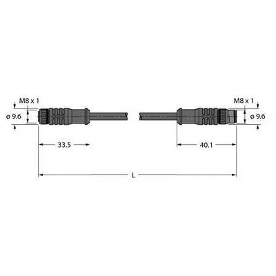 Rysunek techniczny złącza M8 x 1, wymiary: Lewa strona 33,5 mm, Prawa strona 40,1 mm, Średnica 9,6 mm i 9 mm.