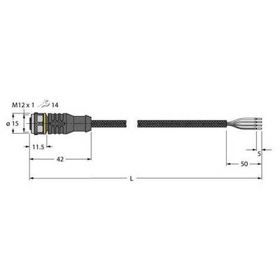 Rysunek techniczny wtyczki M12 z podanymi wymiarami: całkowita długość 'L', średnica 15 mm, całkowita długość 92 mm, długość przewodu 50 mm.