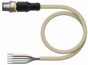 Kabel z metalowym wtykiem po jednej stronie i wieloma kolorowymi przewodami po drugiej stronie, odpowiednie do połączeń elektrycznych.