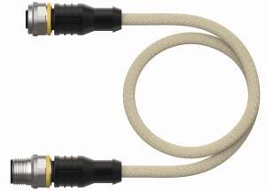 Elastyczny kabel z dwoma identycznymi złączami na końcach, pomiędzy którymi widoczny jest żółty pierścień.