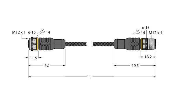 Rysunek techniczny dwóch złączy M12 x 1 z przewodem. Lewe złącze ma całkowitą długość 42 mm, prawe 49,5 mm.