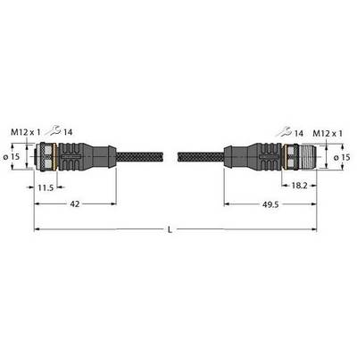 Rysunek techniczny wtyczki. Po lewej stronie 42 mm, po prawej stronie 49,5 mm z gwintem M12 x 1, średnica 15 mm. Długość (L) zmienna.