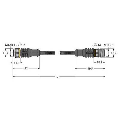 Rysunek techniczny wtyczki M12 z wymiarami. Po lewej: długość 42 mm, po prawej: 49,5 mm, całkowita długość oznaczona jako 'L'.