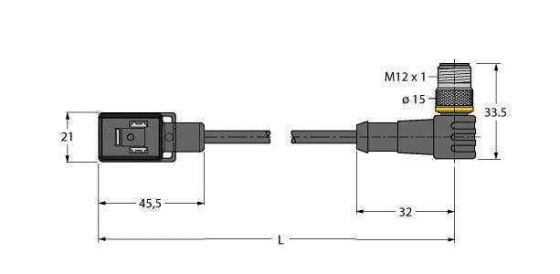 'Rysunek techniczny prostokątnego złącza wtykowego z przewodem. Wymiary: 45,5 mm długości, 21 mm wysokości. Typ złącza: M12, średnica: 15 mm.'