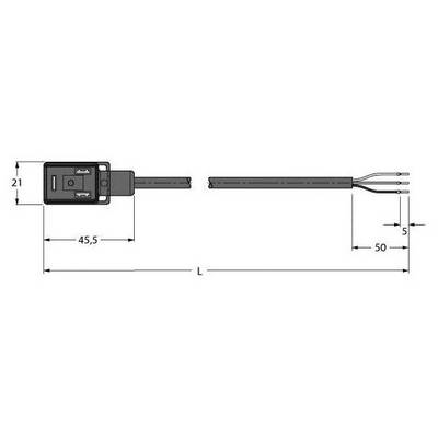 Rysunek techniczny prostokątnego przełącznika z przewodem. Wymiary: przełącznik 21 x 45,5 mm, grubość przewodu 5 mm, całkowita długość 50 mm.