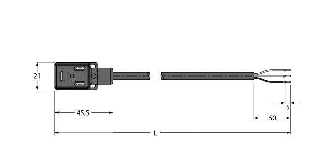 Rysunek techniczny prostokątnego czujnika z wymiarami: szerokość 21 mm, długość 45,5 mm. Przedstawiony w rzucie trójwymiarowym z przewodem przyłączeniowym.