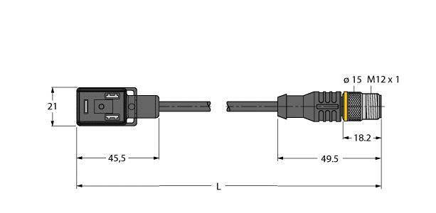 Rysunek wymiarowy złącza: Po lewej wtyk prostokątny 21x45,5 mm, po prawej wtyk cylindryczny M12x1, długość 49,5 mm.