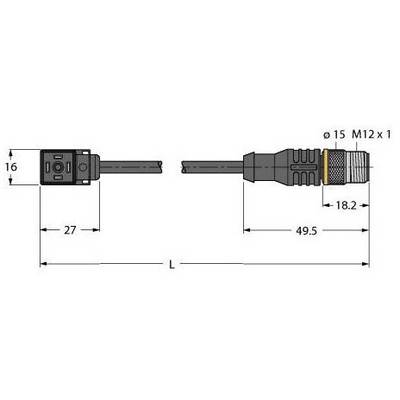 Rysunek techniczny złącza elektrycznego z wymiarami: wysokość 16 mm, szerokość 27 mm, długość 49,5 mm, średnica 15 mm, gwint M12 x 1.