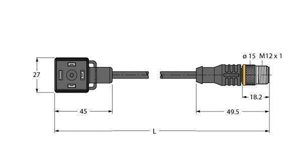 Rysunek techniczny złącza z wymiarami metrycznymi; 27 mm, 45 mm, 49,5 mm; średnica gwintu 15 mm, M12x1.