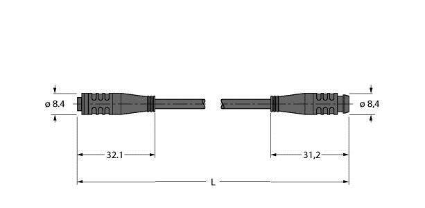 Rysunek techniczny przewodu z wtyczkami na obu końcach; lewa strona długość 32,1 mm, prawa strona 31,2 mm, średnica 8,4 mm.