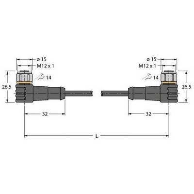Rysunek systemu złącza z wymiarami w milimetrach. Szerokość i wysokość wynoszą po 26,5 mm, długość 32 mm. Gwint M12 x 1.