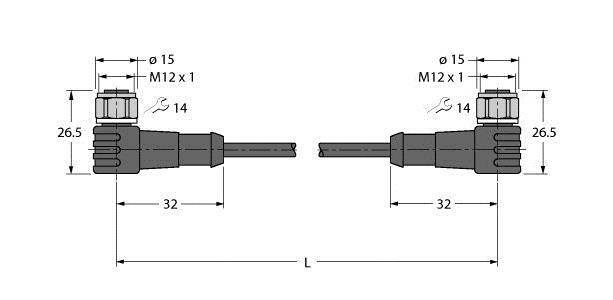 Rysunek techniczny złącza z wymiarami: długość całkowita 'L', średnica ø 15, M12 x 1, długość 32 mm, wysokość 26,5 mm.