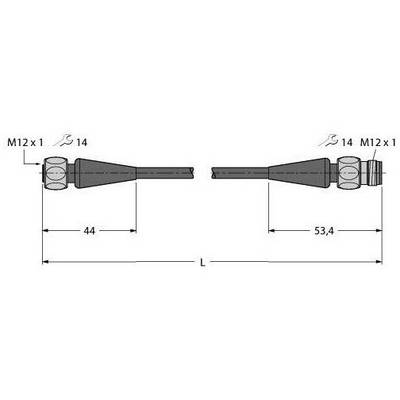 Rysunek techniczny dwóch wtyczek cylindrycznych z wymiarami: lewa 44 mm, prawa 53,4 mm. Obie z gwintem M12x1 i rozstawem klucza 14.