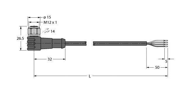 Rysunek techniczny złącza z wymiarami w milimetrach: M12 x 1, długość całkowita 58 mm, długość przewodu 50 mm.