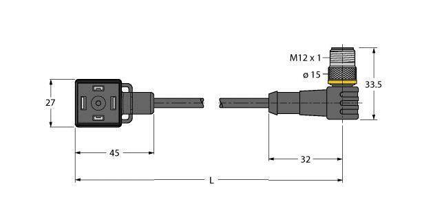 Wymiary złącza elektrycznego: 45 mm wysokości, 27 mm szerokości. Złącze M12 x 1, całkowita długość L, średnica 15 mm, wysokość 33,5 mm.