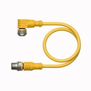 Żółty kabel połączeniowy z dwoma metalowymi wtyczkami, jedna pod kątem prostym, druga prosta. Nadaje się do połączeń elektronicznych.