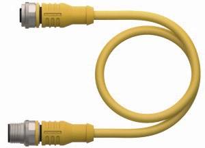 Żółty kabel z dwoma metalowymi złączami na końcach, zagięty w kształcie pętli.