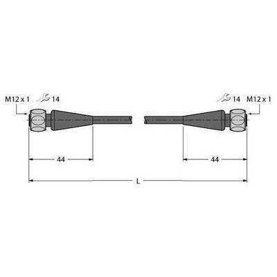 Rysunek techniczny dwóch złączy współosiowych o gwincie M12 x 1, długości 44 mm, z oznaczeniami wymiarów i symbolami śrub.
