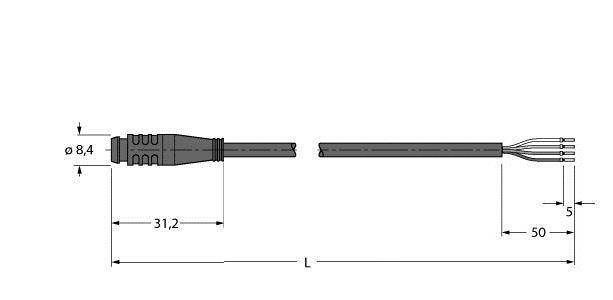 Schemat przewodów z jednym złączem po lewej stronie i czterema luźnymi końcówkami po prawej stronie. Wymiary: długość 31,2 mm i 50 mm.