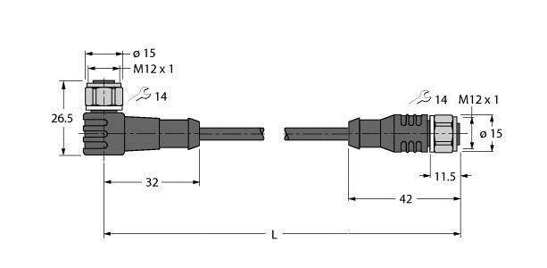 Rysunek techniczny dwóch złączy wtykowych M12 z wymiarami. Po lewej: długość 32 mm, po prawej: długość 42 mm. Oba o średnicy Ø15 mm i wysokości 26,5 mm.