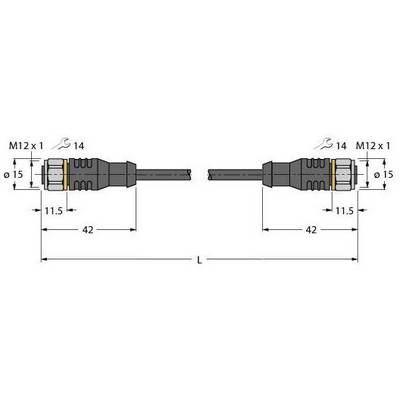 Rysunek techniczny przewodu z wtyczkami M12 x 1 na obu końcach. Wymiary: Ø15 mm, długość 42 mm do każdej wtyczki, całkowita długość nieznana.