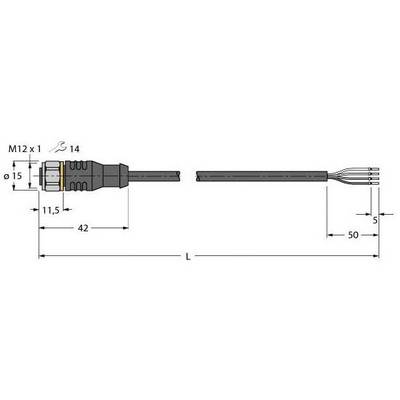 Rysunek złącza M12 z wymiarami technicznymi: długość 42 mm, średnica 15 mm, całkowita długość 'L', końcówki przewodów 50 mm w odstępie 5 mm.