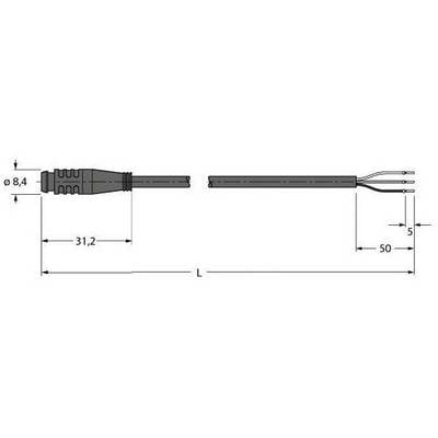 Rysunek techniczny wtyczki z wymiarami: całkowita długość L, średnica 0,84 cm, zakres wtyczki 31,2 cm, odległość między kablami 5 cm, długość kabla 50 cm.