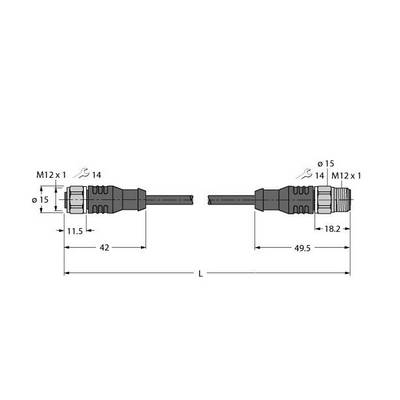 Rysunek techniczny złącza M12. Wymiary: 11,5 mm i 18,2 mm długości plus kabel o długości 42 mm i średnicy 49,5 mm.