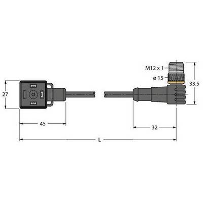 Kabel przyłączeniowe ze złączem M12, rysunek techniczny. Wymiary: wtyk 33,5 mm, średnica 15 mm, wysokość gniazda 27 mm, długość 45 mm.